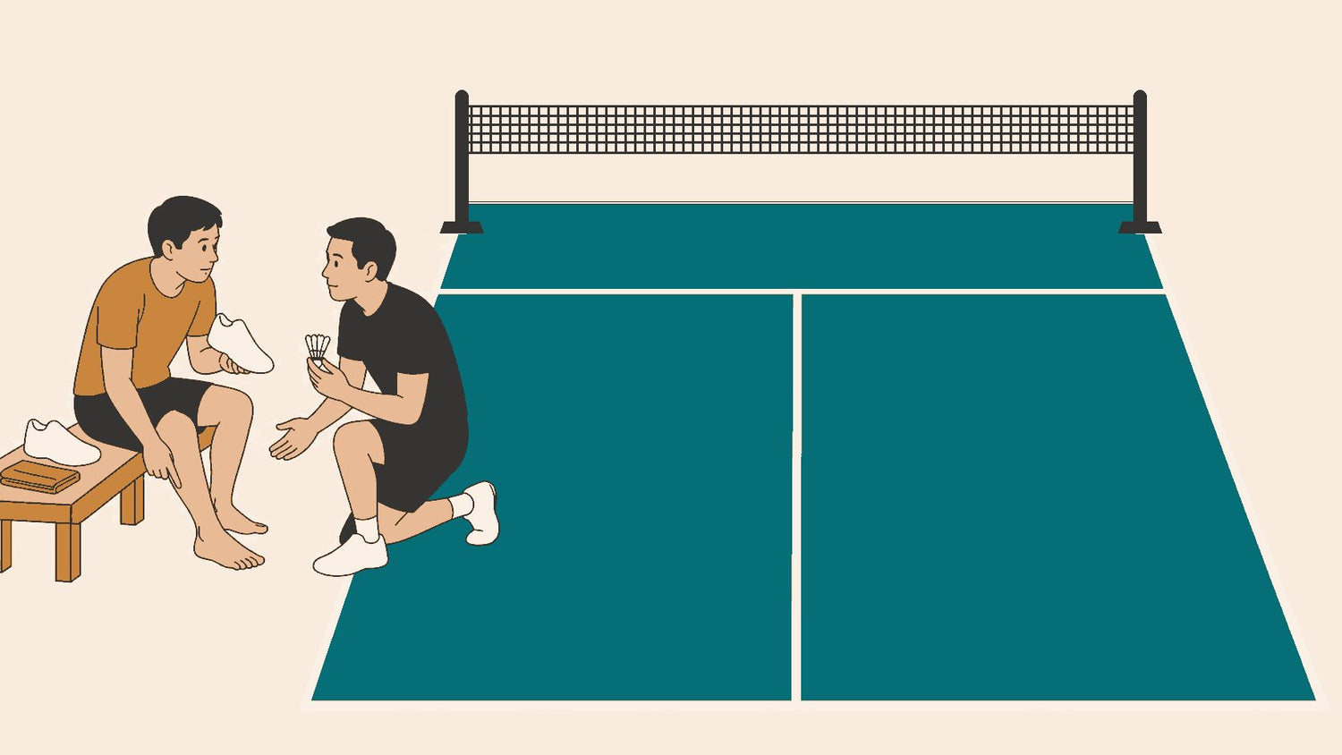Une personne assise qui joue au badminton tient une chaussure et montre une cheville douloureuse pendant qu’une personne entraîneuse agenouillée écoute, un volant à la main, à côté d’un terrain intérieur vide.