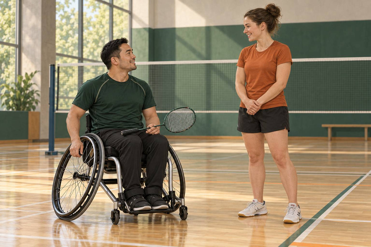 Des joueurs discutent de l’installation du terrain, avec un passage dégagé et le respect des préférences du joueur en fauteuil roulant.