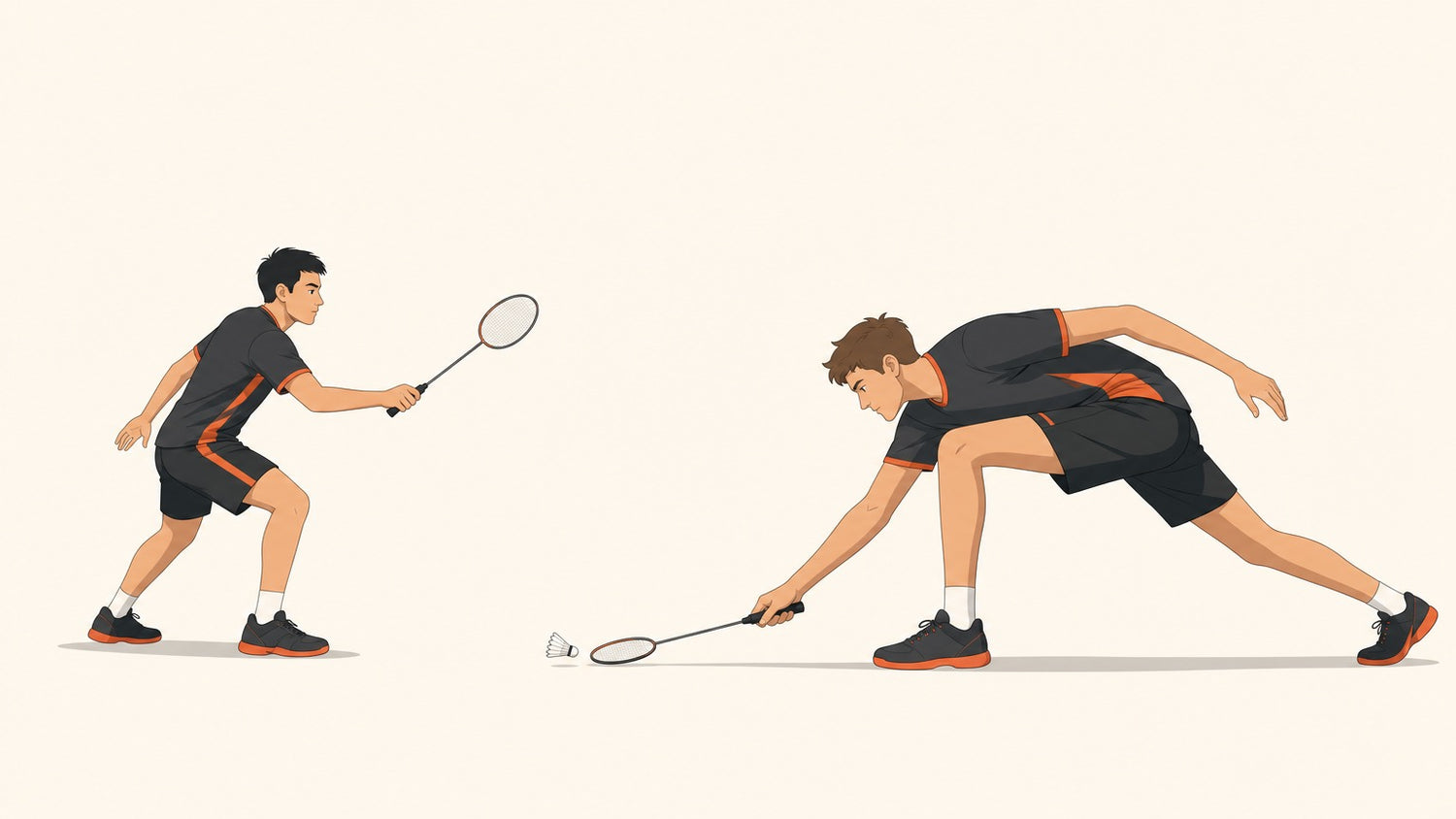 A short badminton player pushes a low shot while a much taller opponent bends into a deep low lunge to scoop a shuttlecock just above the floor.