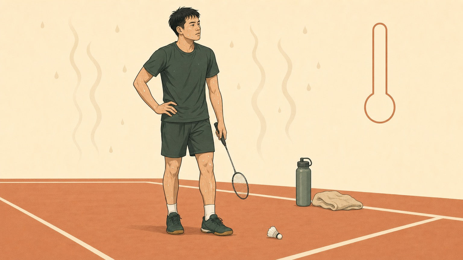 Badminton player pausing in a hot humid indoor gym with water and towel nearby