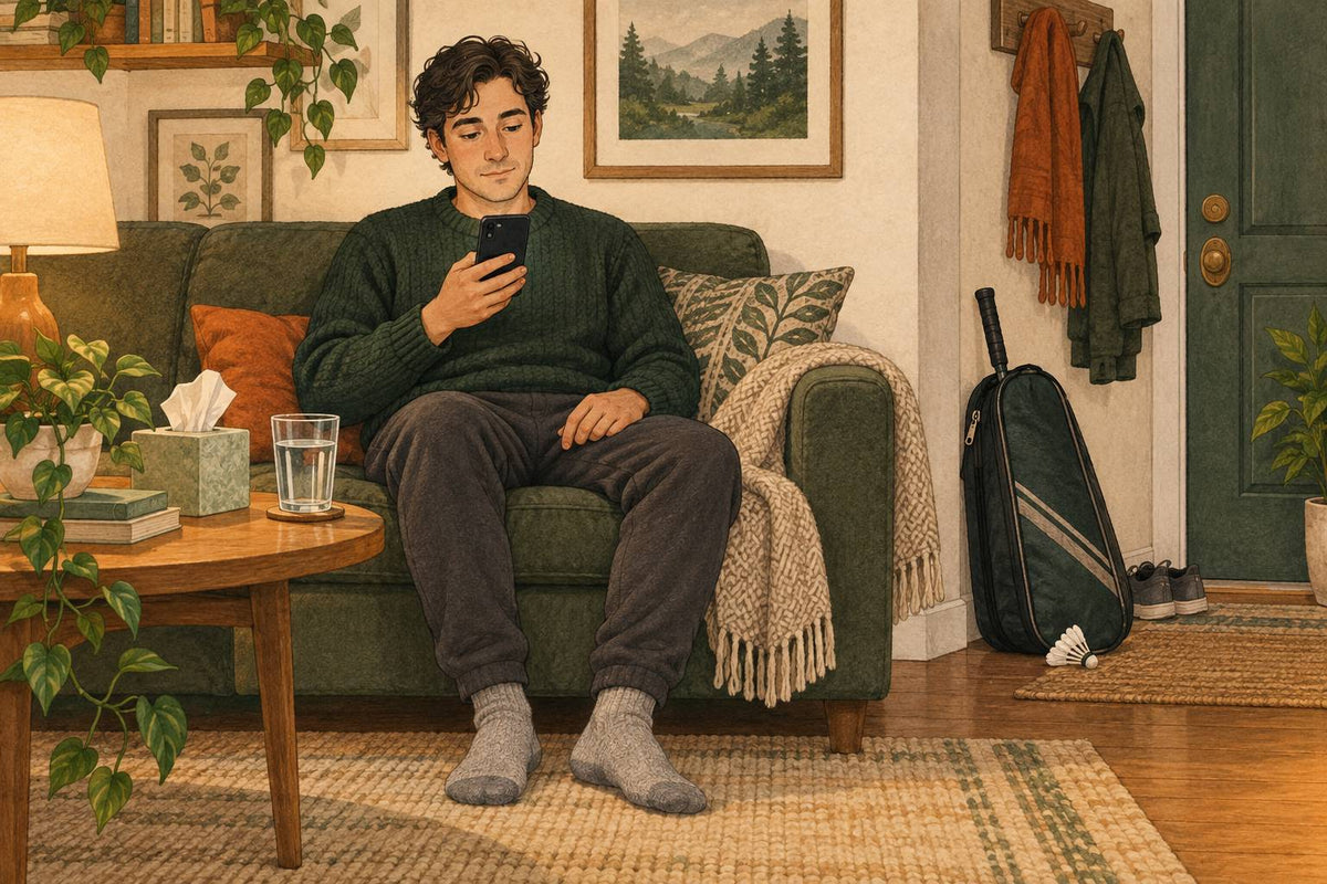 Editorial illustration of a resting adult using a phone at home with badminton gear by the door.