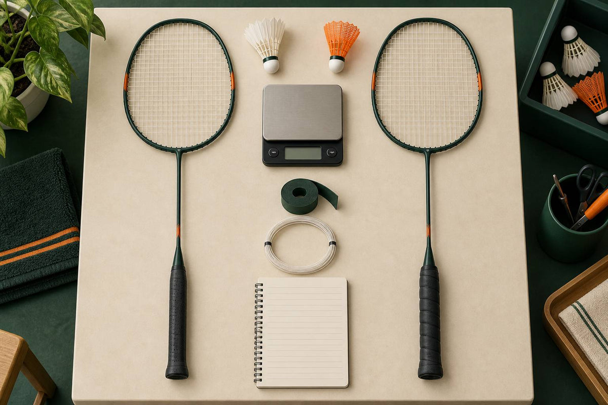 Two matching frames with different grips sit beside measurement and stringing notes, showing how a finished setup extends beyond the model name.