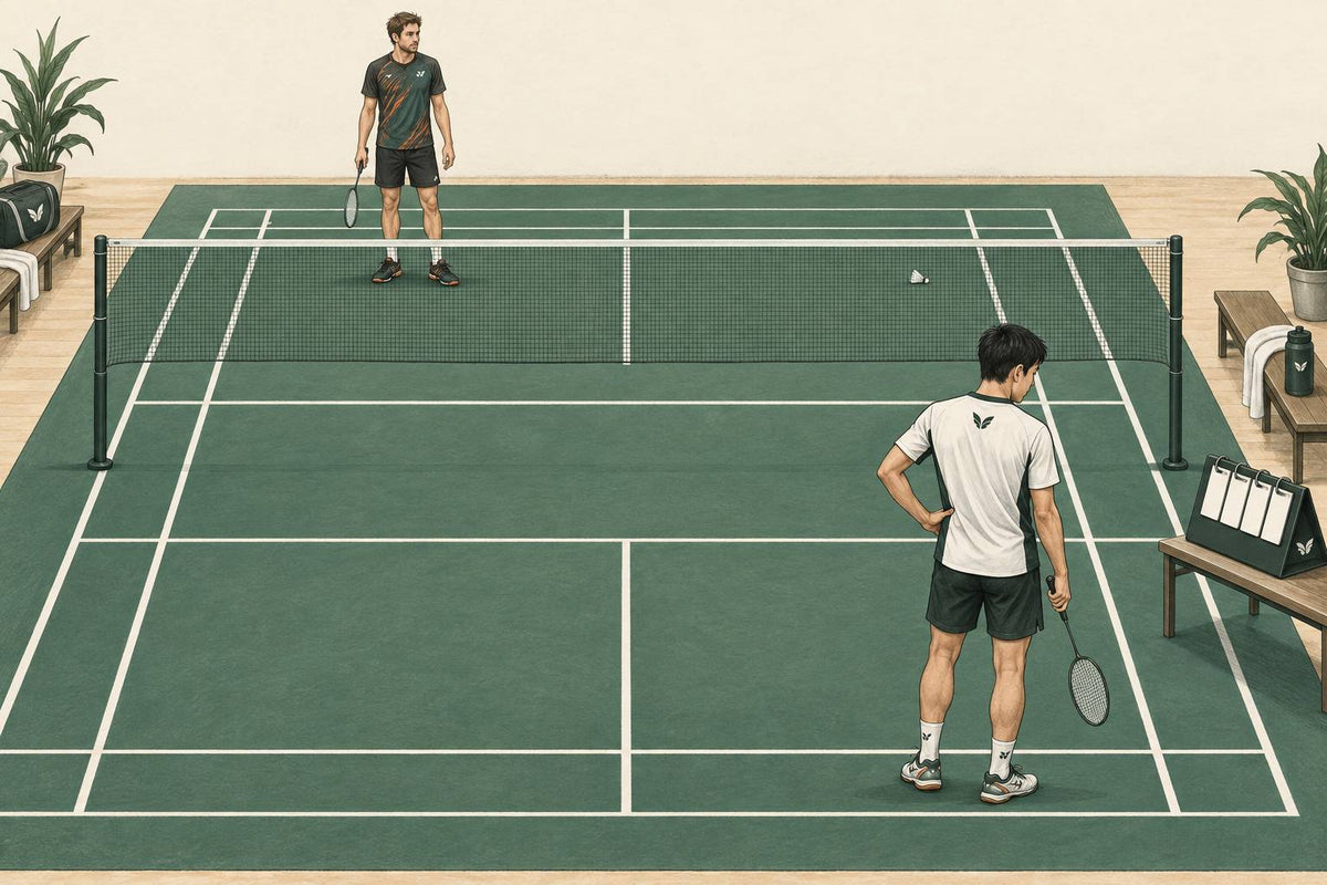 Editorial illustration of two singles players between rallies beside a blank court-side scoreboard.
