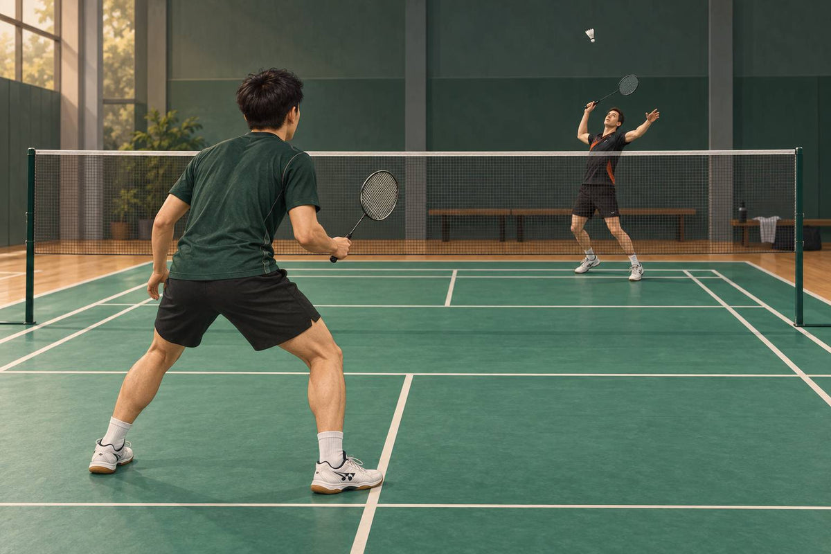 A balanced receiver watches the opponent’s developing overhead action before committing to a direction.