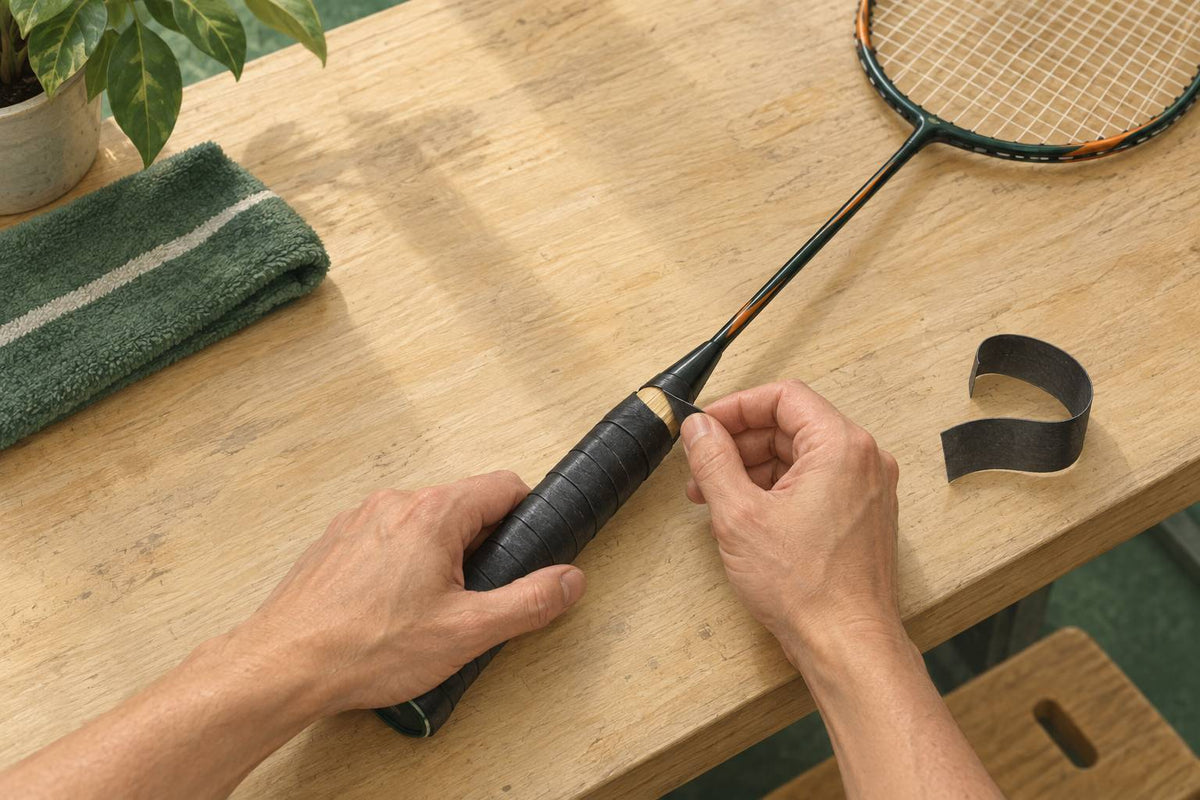 A small section of factory grip is peeled by hand while the supported racket remains stable on the workbench.