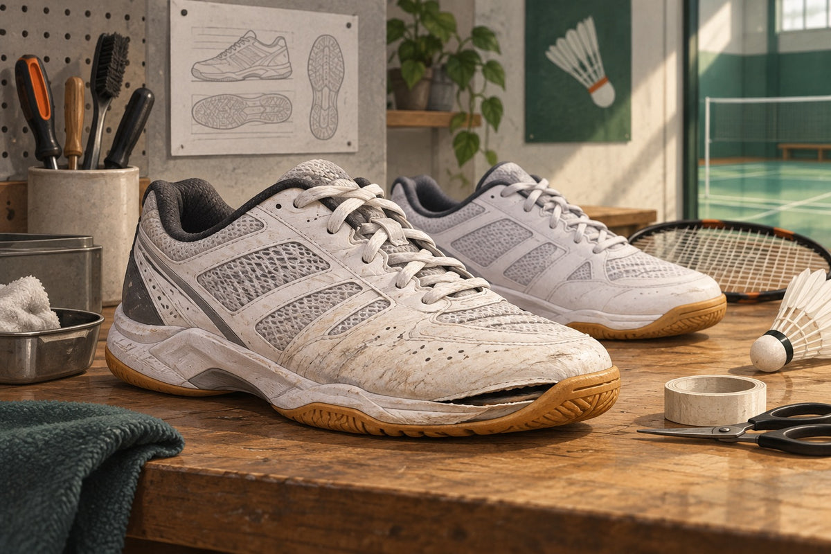 A worn court shoe introduces the distinction between sole-bond separation and deeper structural deterioration.