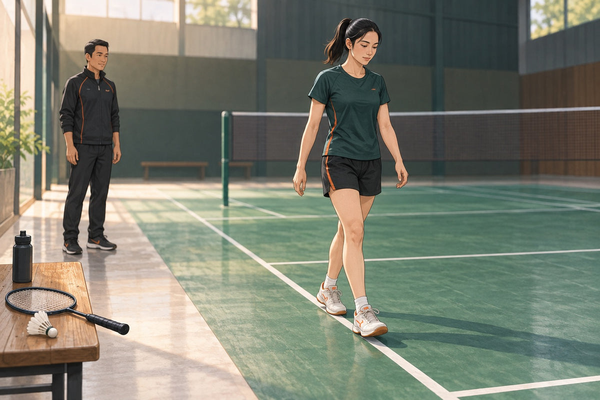 A recreational badminton player walks calmly along a court line during a planned return session while a coach watches from outside the court.