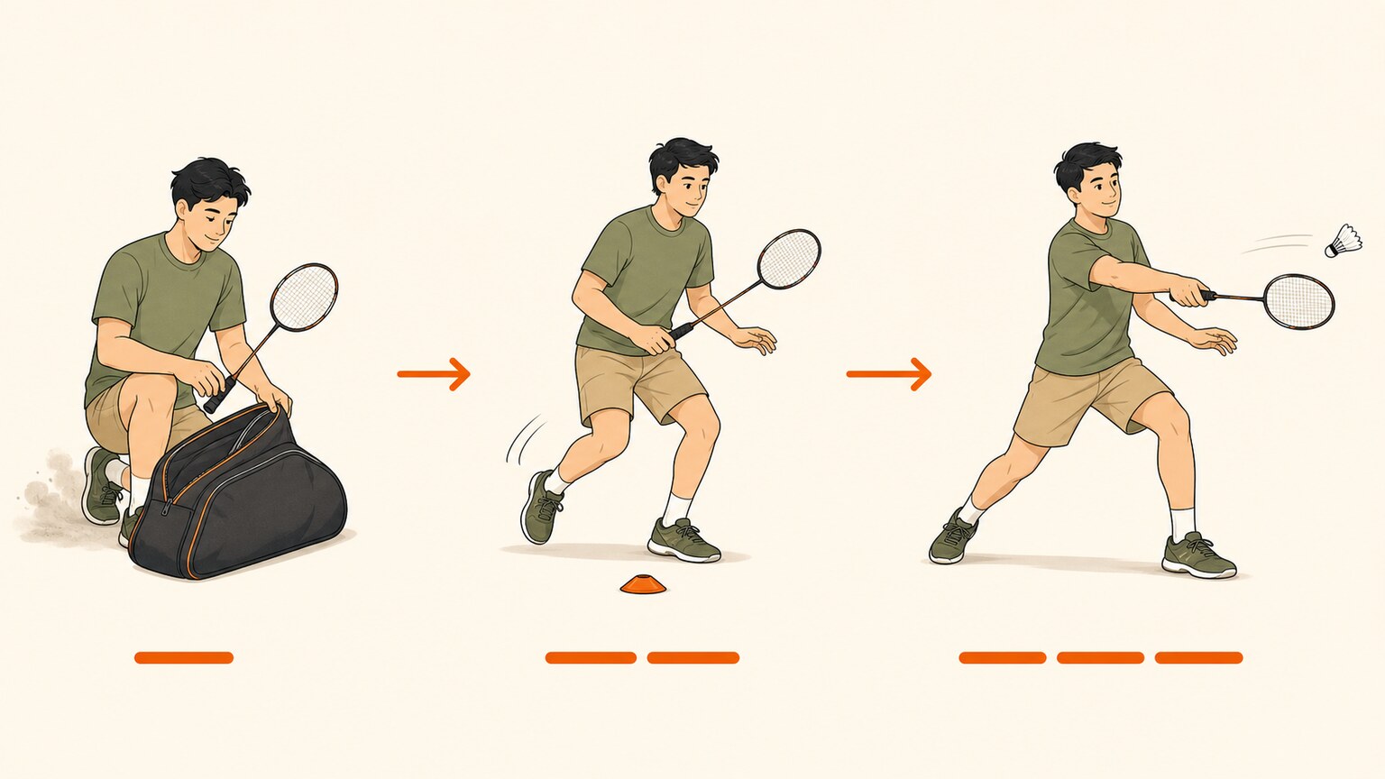 Three-stage sequence showing a player returning to badminton from opening a dusty bag to footwork and controlled hitting.