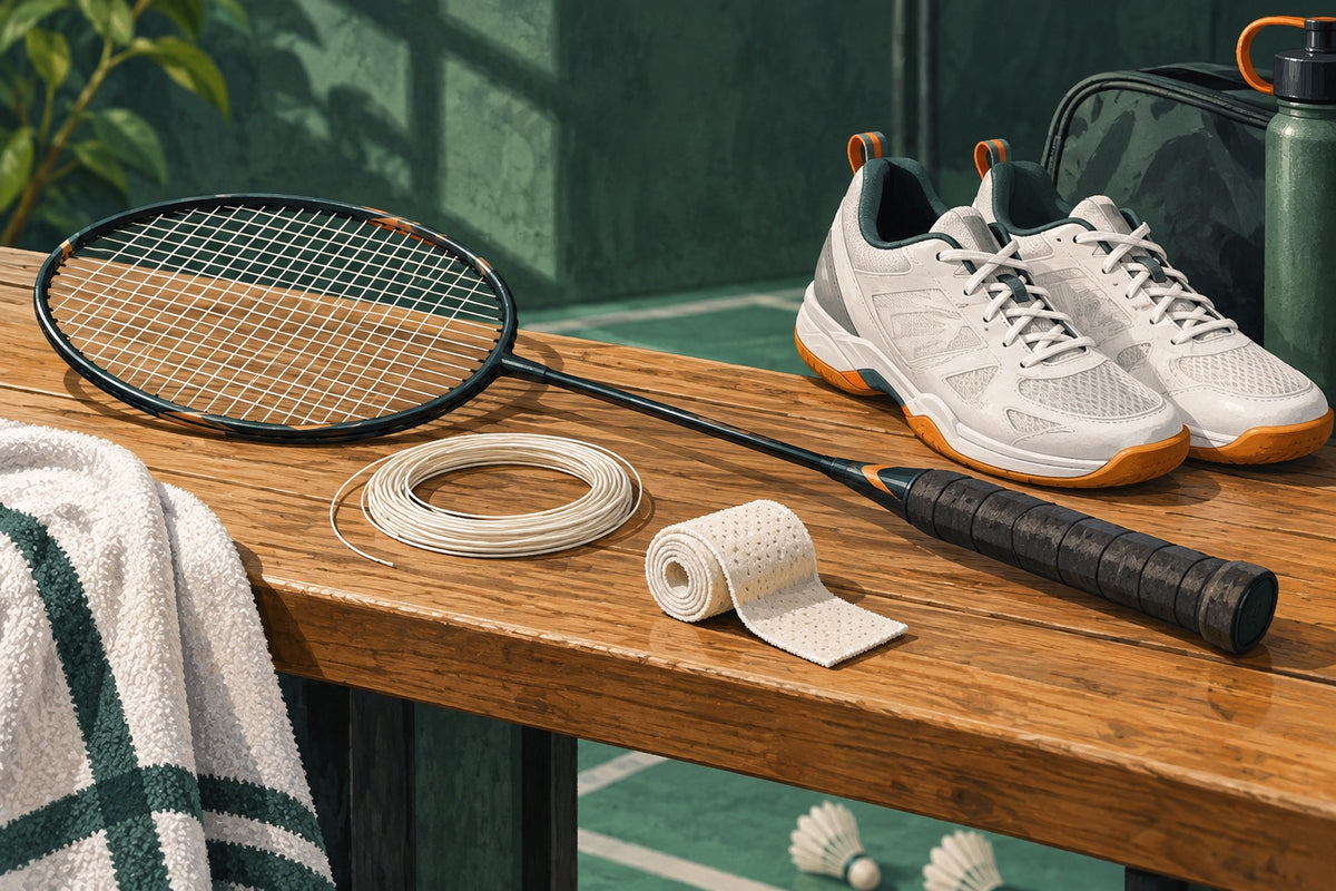 This editorial illustration shows generic doubles equipment, rather than a verified image of Rankireddy’s personal kit.