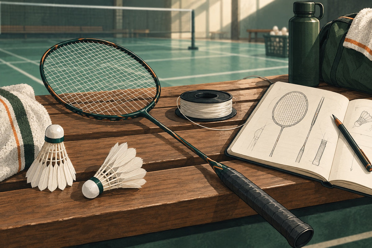 A racket and string spool introduce the distinction between documented equipment names and an athlete’s unknown personal setup.