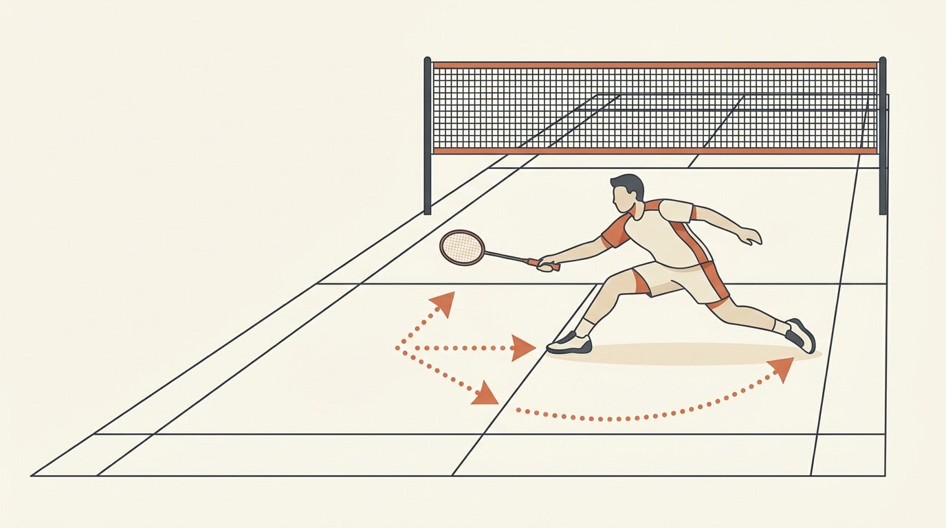 Illustration of a badminton player practising six-corner shadow footwork on an indoor court without a shuttle