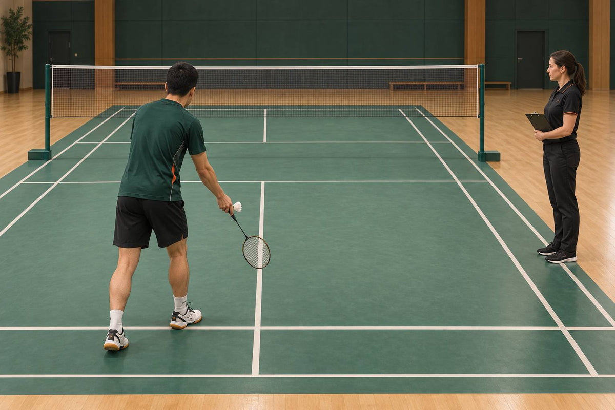 An approved tester prepares a shuttle while the Referee observes the court test.