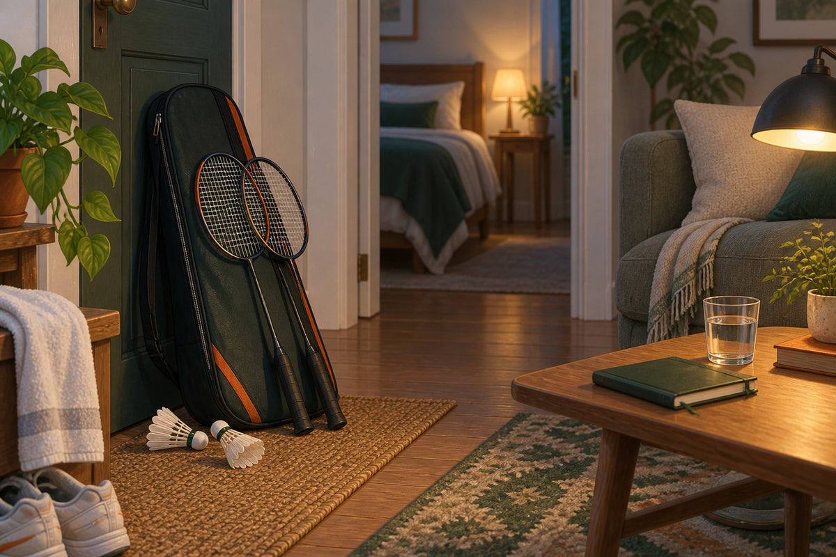 Packed badminton kit and a quiet home setting mark the transition from an evening session to bedtime.