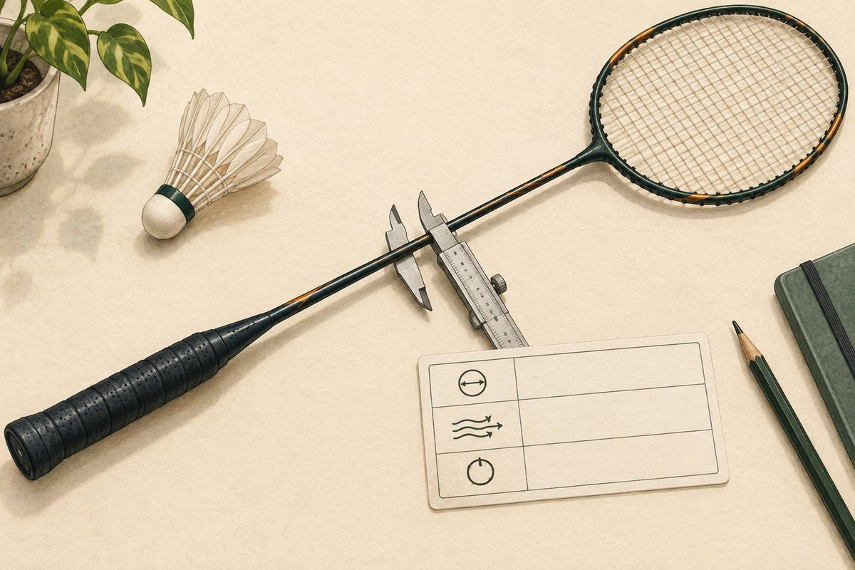 Editorial illustration of a caliper measuring a badminton racket shaft beside a blank specification card.