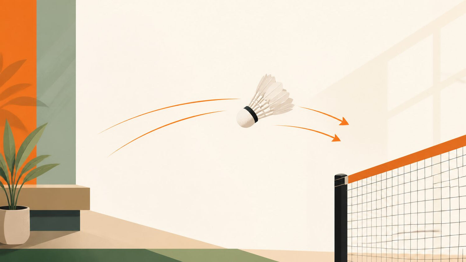 Volant se déplaçant lentement près d’un filet de badminton intérieur, avec des marques de trajectoire courbées et un espace de terrain dégagé.
