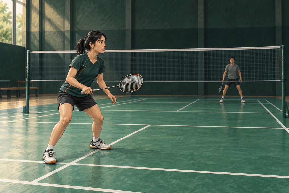 Editorial illustration of a badminton player preparing for an early forecourt interception.