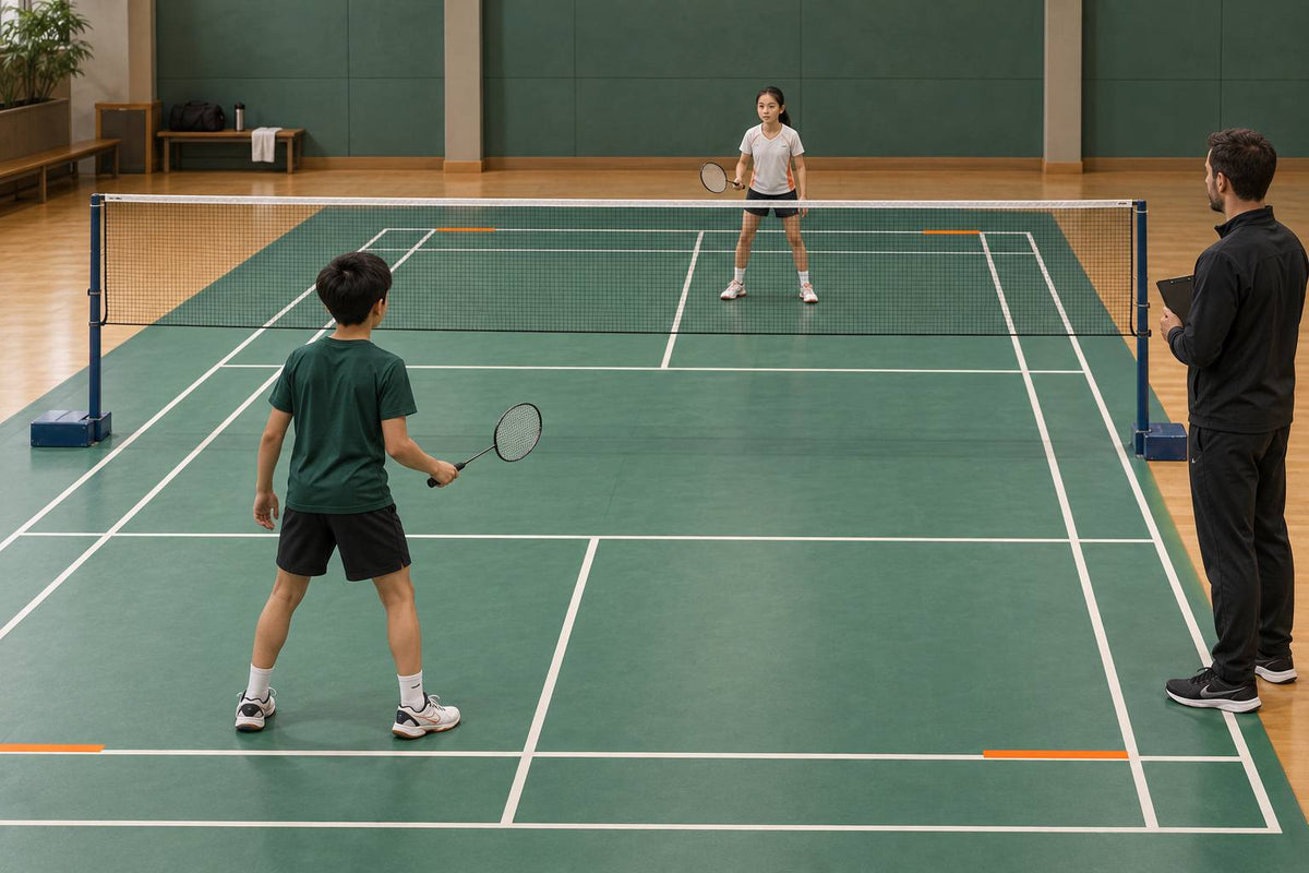 Two players and a coach prepare a shortened lane game around one clear rally task.
