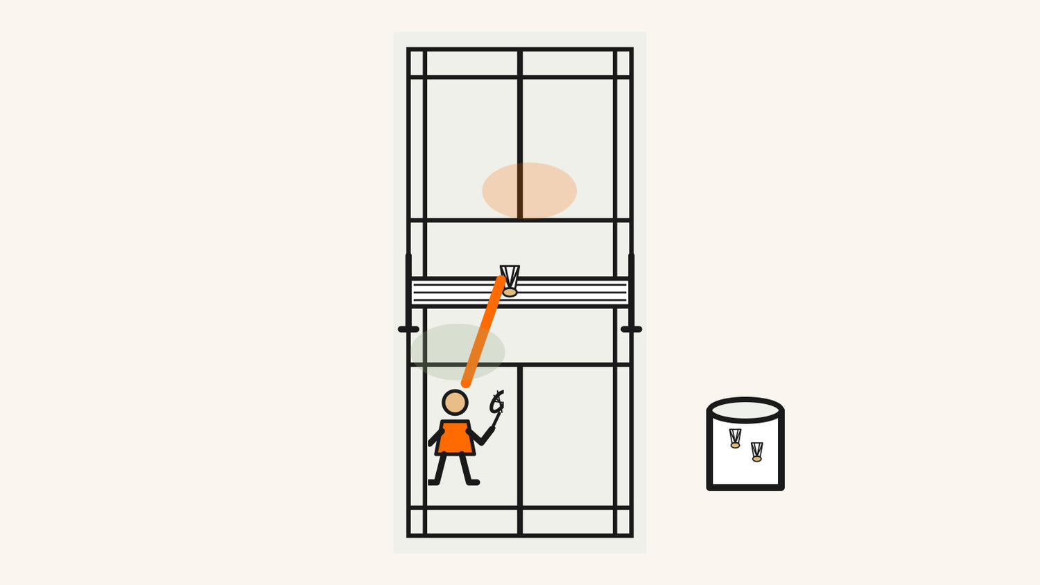 Une personne pratique seule avec un panier de volants et une zone cible visible sur un terrain intérieur.