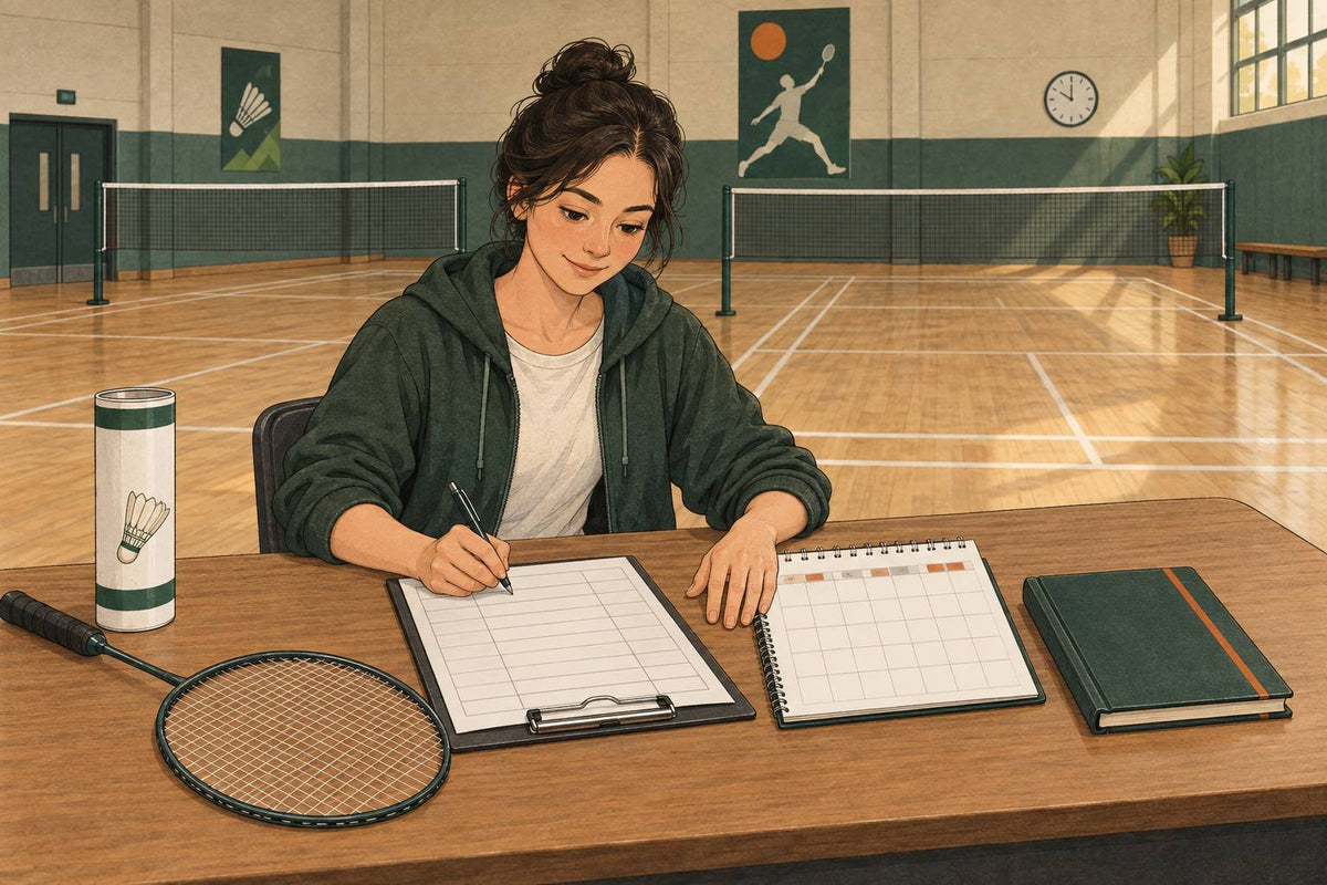 Editorial illustration of a badminton organizer planning at a table beside two empty indoor courts.