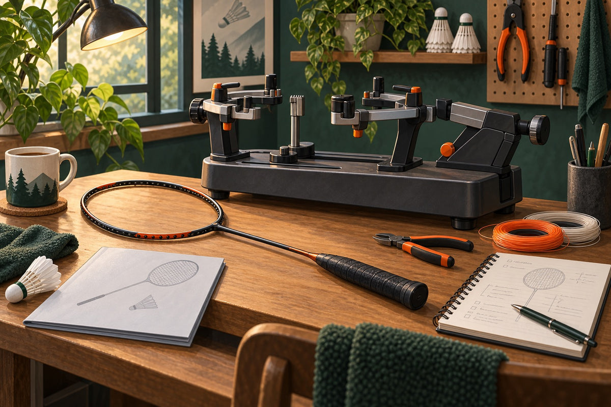 Editorial illustration of a home badminton stringing setup and practice frame.