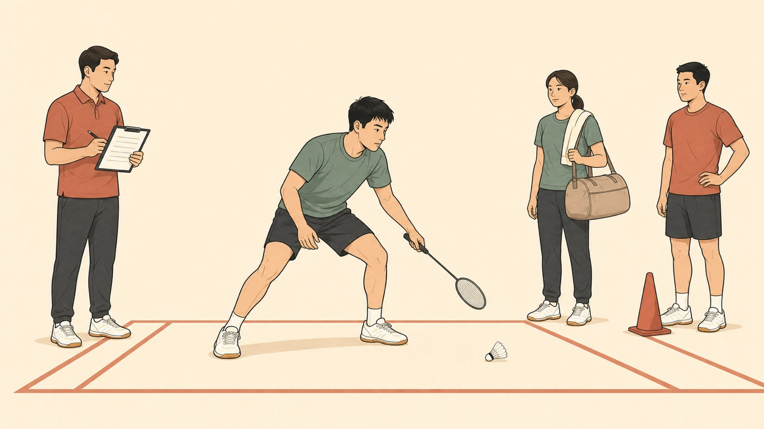 Flat vector banner of a badminton athlete supported by coaching and training staff on a badminton court