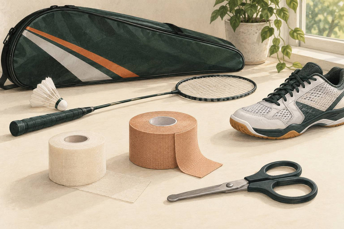 Nature morte illustrée de ruban élastique, de sous-bande et de ciseaux à bouts arrondis près d’équipement de badminton.