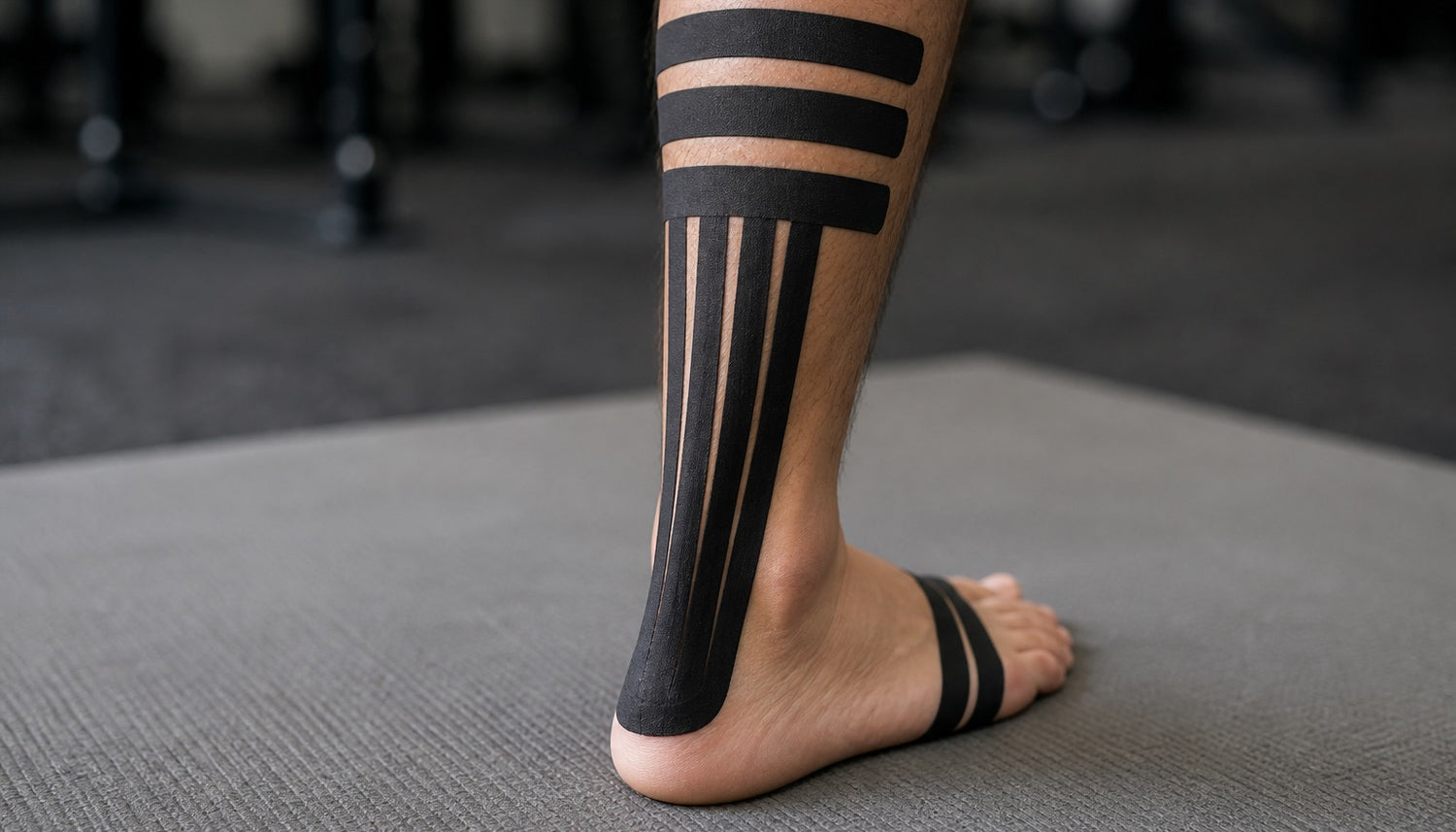 Gros plan de ruban athlétique noir rigide, posé selon un schéma de soutien du tendon d’Achille à l’arrière d’un mollet et d’un pied; bandes d’ancrage au haut du mollet et au milieu du pied reliées par des bandes verticales au-dessus du talon.