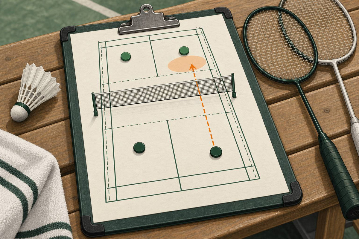 A coaching clipboard with four doubles-player markers and a highlighted open area beside badminton equipment.