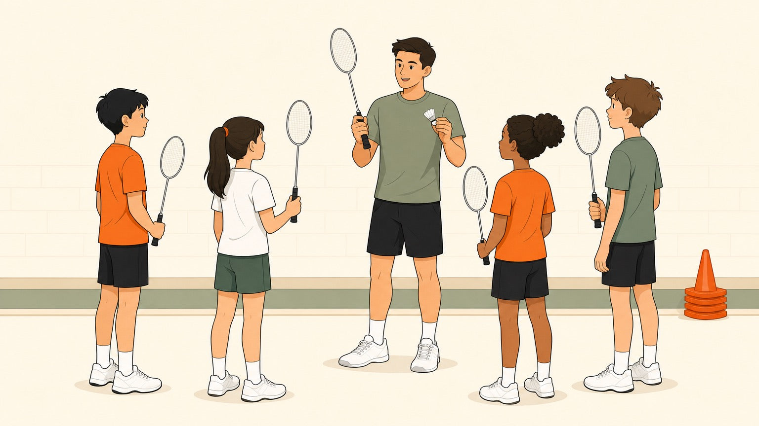 PE teacher demonstrating a badminton racket grip to four pupils in a school gym