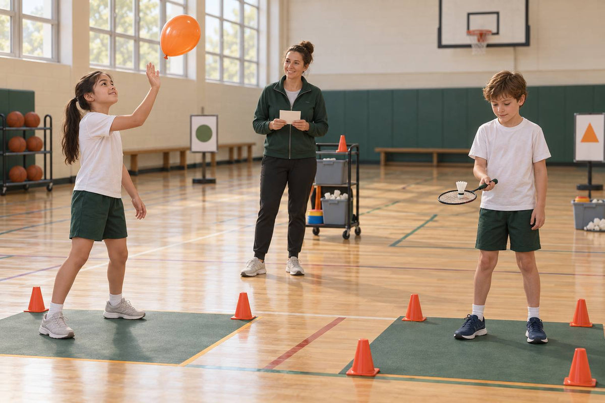 A school badminton station gives pupils an active task while a teacher keeps the space and equipment organised.