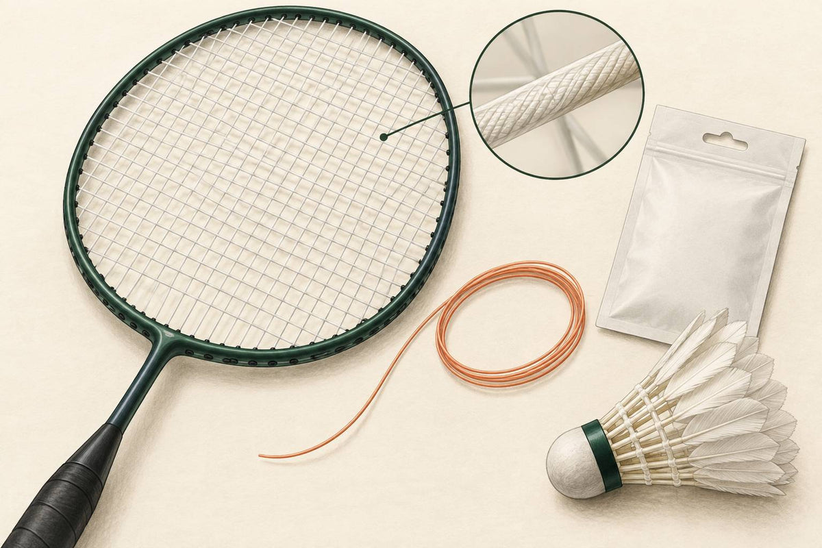 Editorial close-up of a badminton string bed and a subtly textured loose string sample.