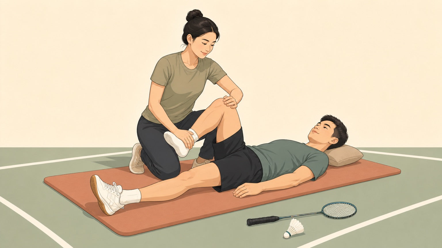 Flat illustration of a badminton player receiving an assisted Thai massage stretch beside a badminton court
