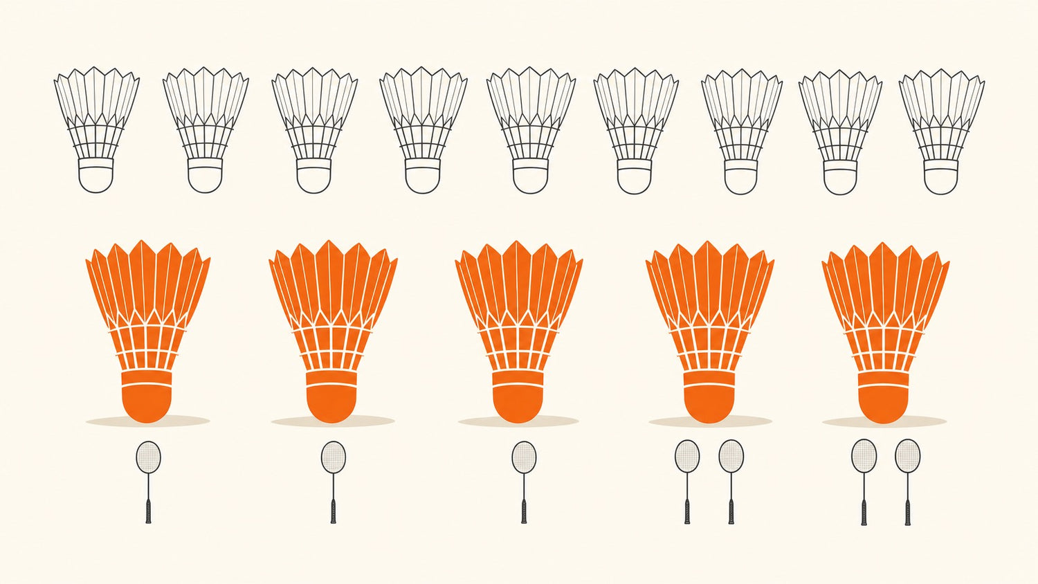 Flat vector illustration: a faded row of nine outlined shuttlecocks above a bold row of five orange shuttlecocks, with small badminton racket icons marking three singles and two doubles.