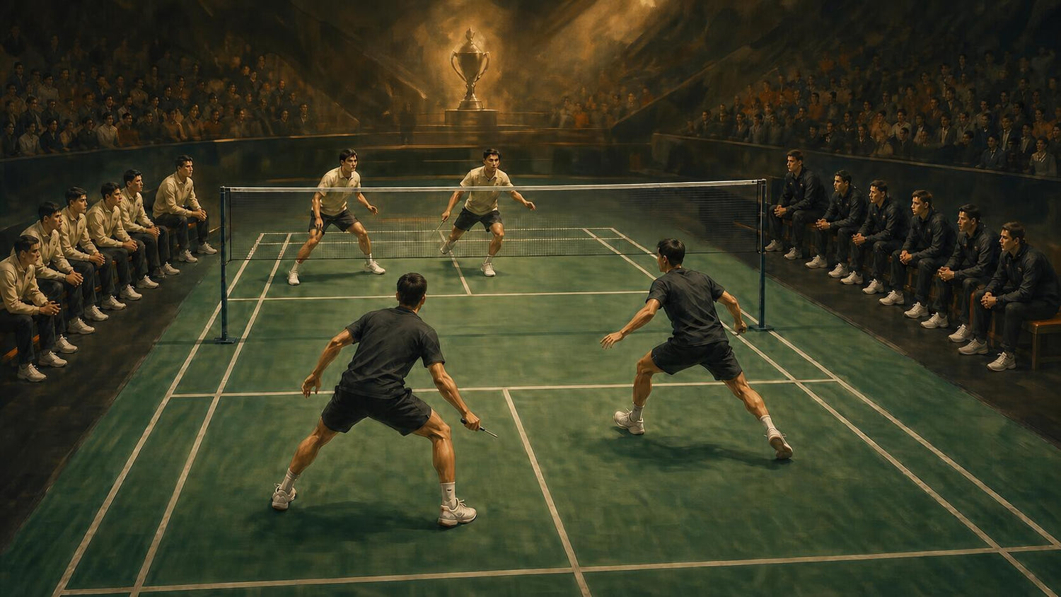 Échange en double à l’intérieur, encadré par deux bancs d’équipe sans marque et une atmosphère neutre de trophée dans une aréna de badminton.