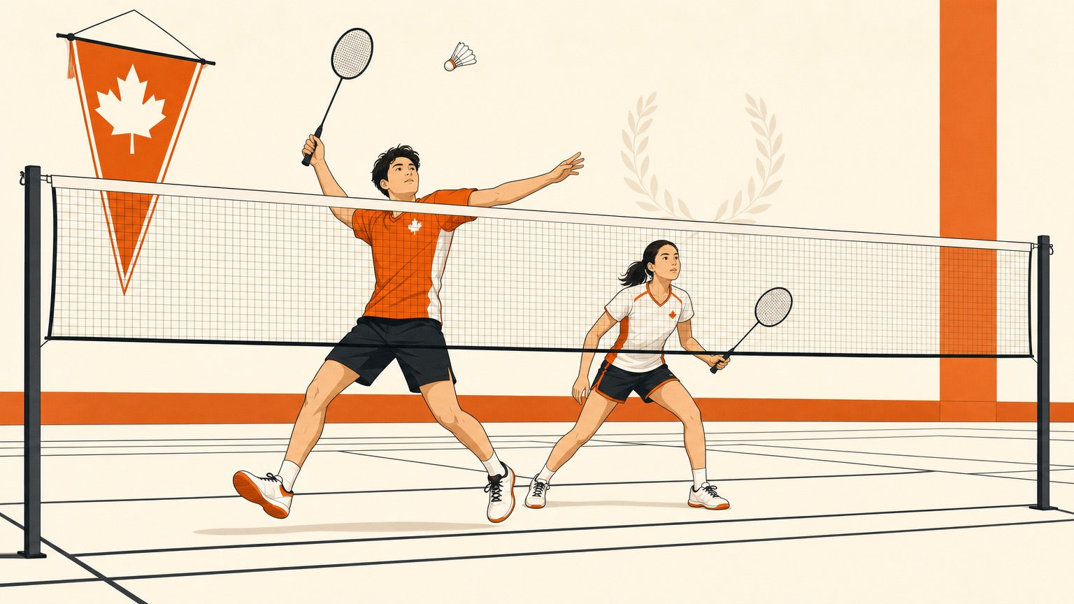 Illustration of Canadian university badminton players training on an indoor court