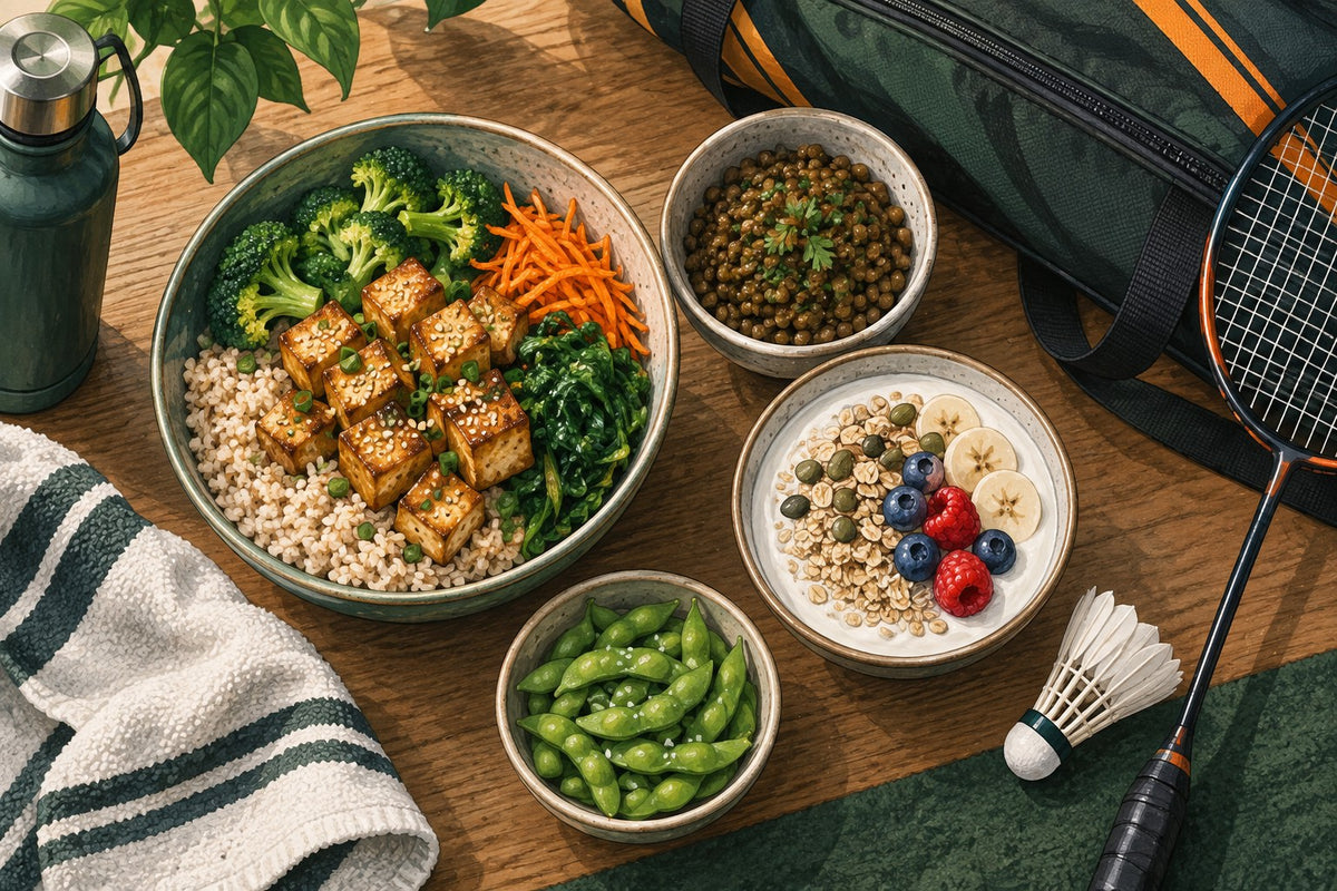 Tofu, lentils, edamame and yoghurt illustrate everyday vegetarian protein options alongside carbohydrate foods.