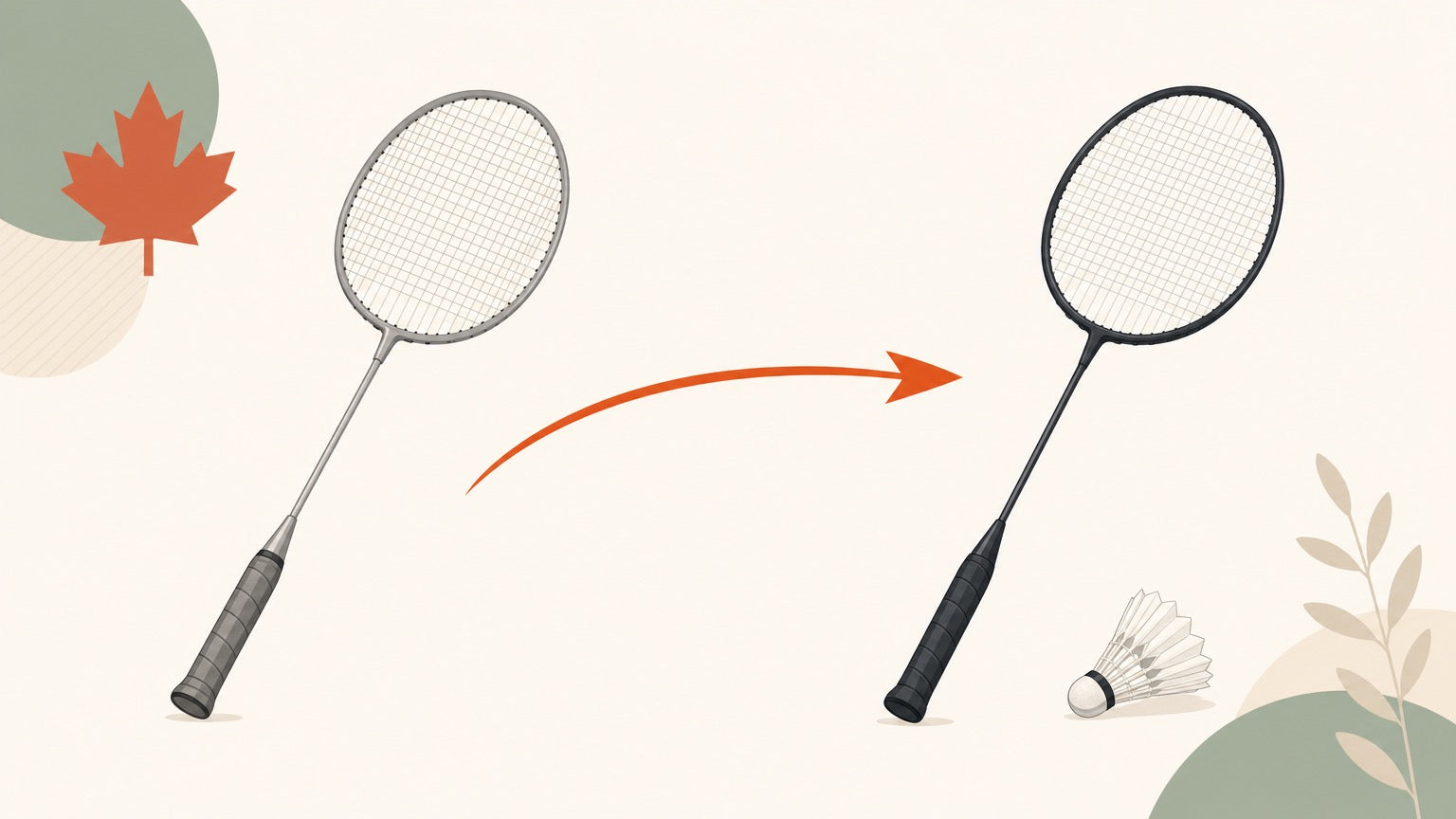 Flat vector banner showing an older metal badminton racket evolving into a full-carbon badminton racket with a shuttlecock.