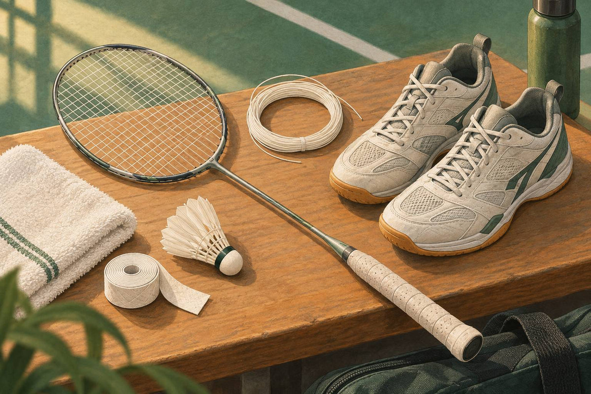 This illustrated gear overview introduces the racket, string and shoe choices discussed in Axelsen’s legacy setup.
