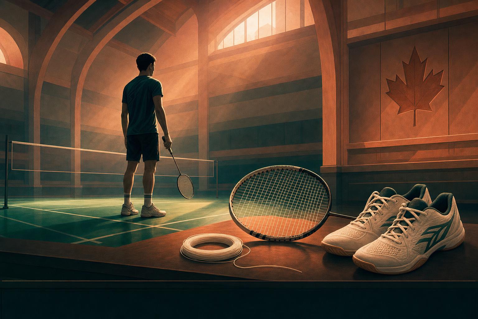 Illustrated badminton court with a pro-style racket, strings, and shoes arranged for a Viktor Axelsen gear setup guide