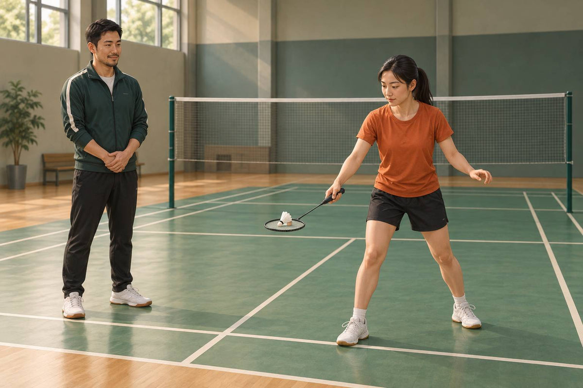 A beginner practises gentle racket contact while a coach observes from outside the swing space.