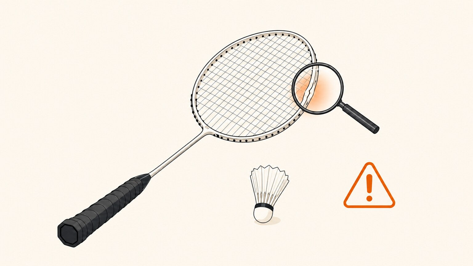 Badminton racket frame inspected with a magnifying glass showing a hairline crack