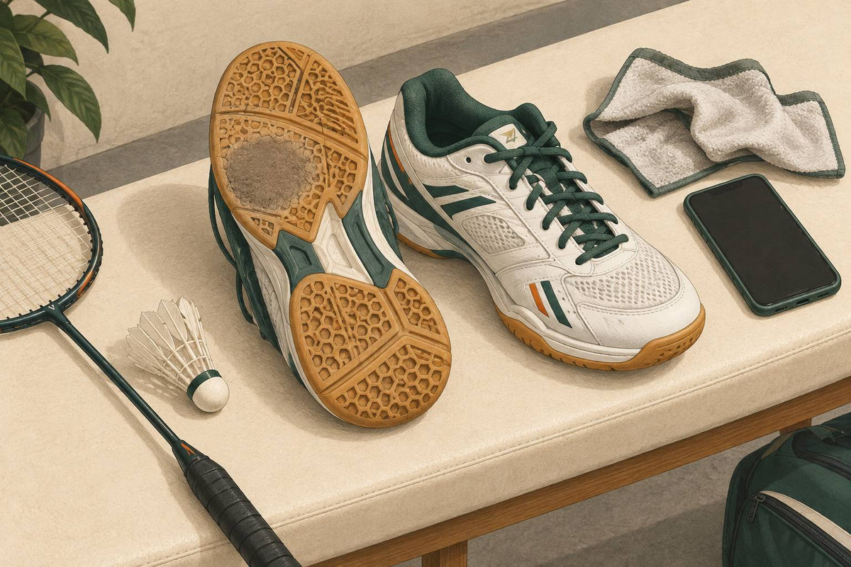 Editorial illustration of one badminton shoe sole-up and its mate upright for a condition check.