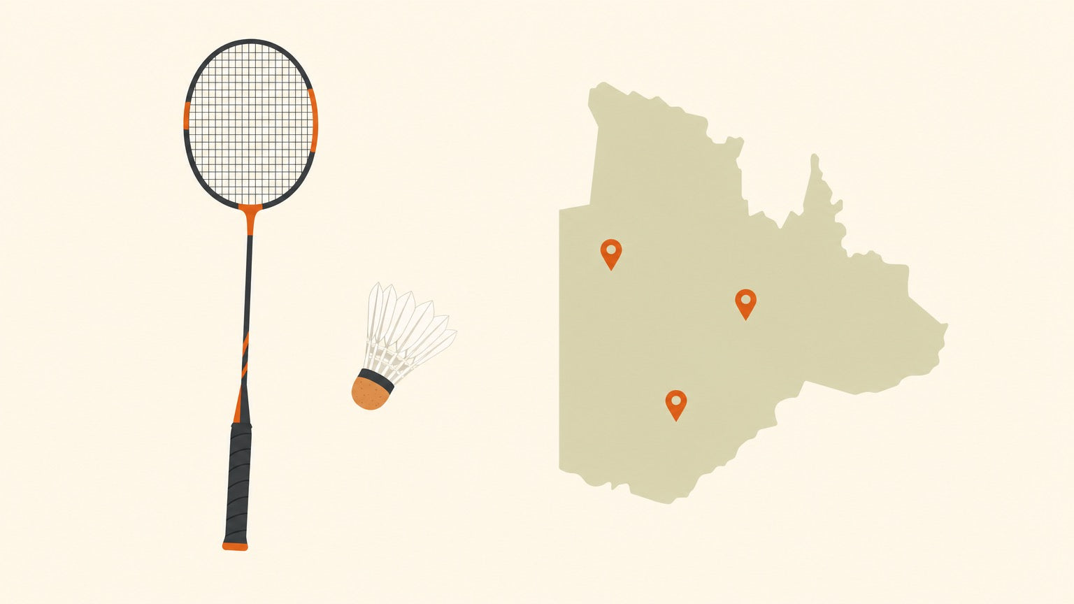 A flat-vector badminton racket with crosshatched strings and a shuttlecock beside a simple unlabeled regional map dotted with three terracotta location pins on a cream background.