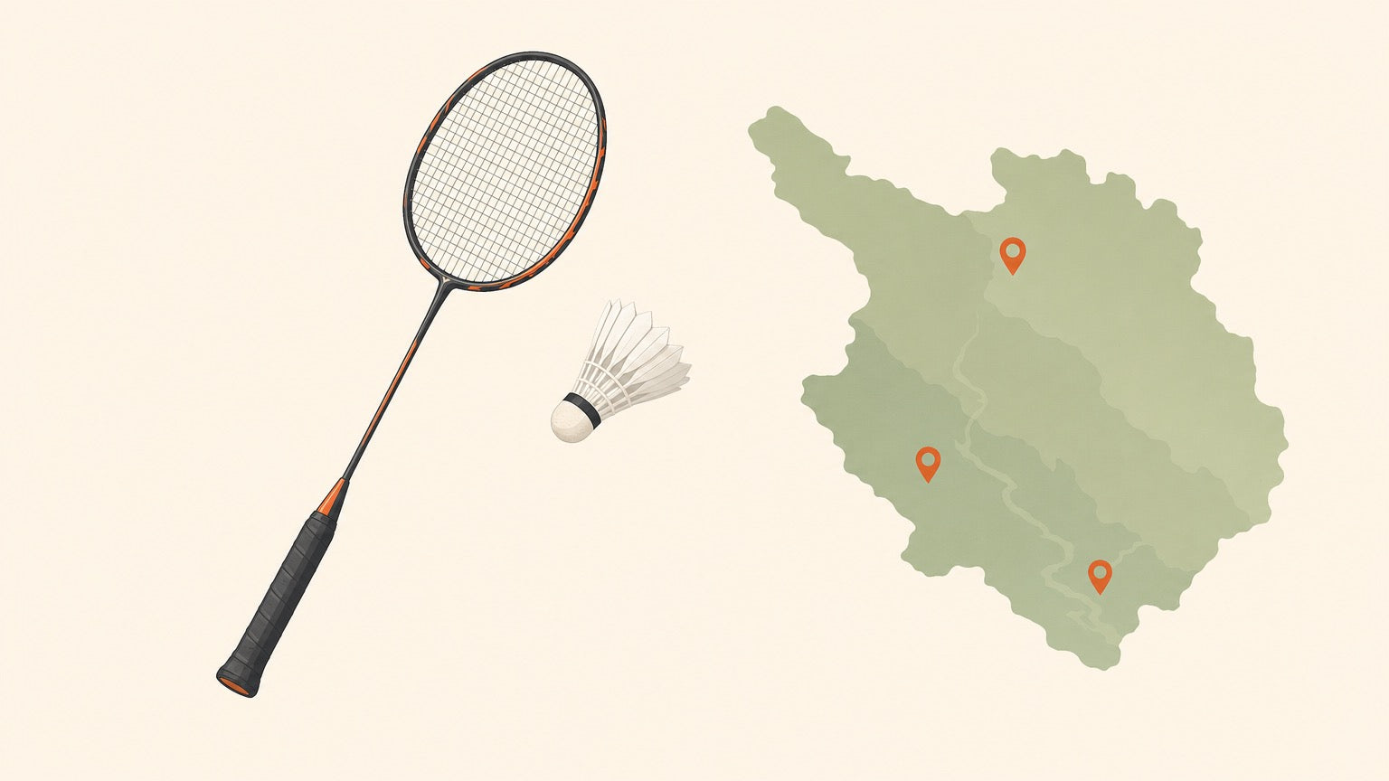 A flat-vector badminton racket with a crosshatched string bed and a shuttlecock beside a simplified valley map with three location pins on a cream background.