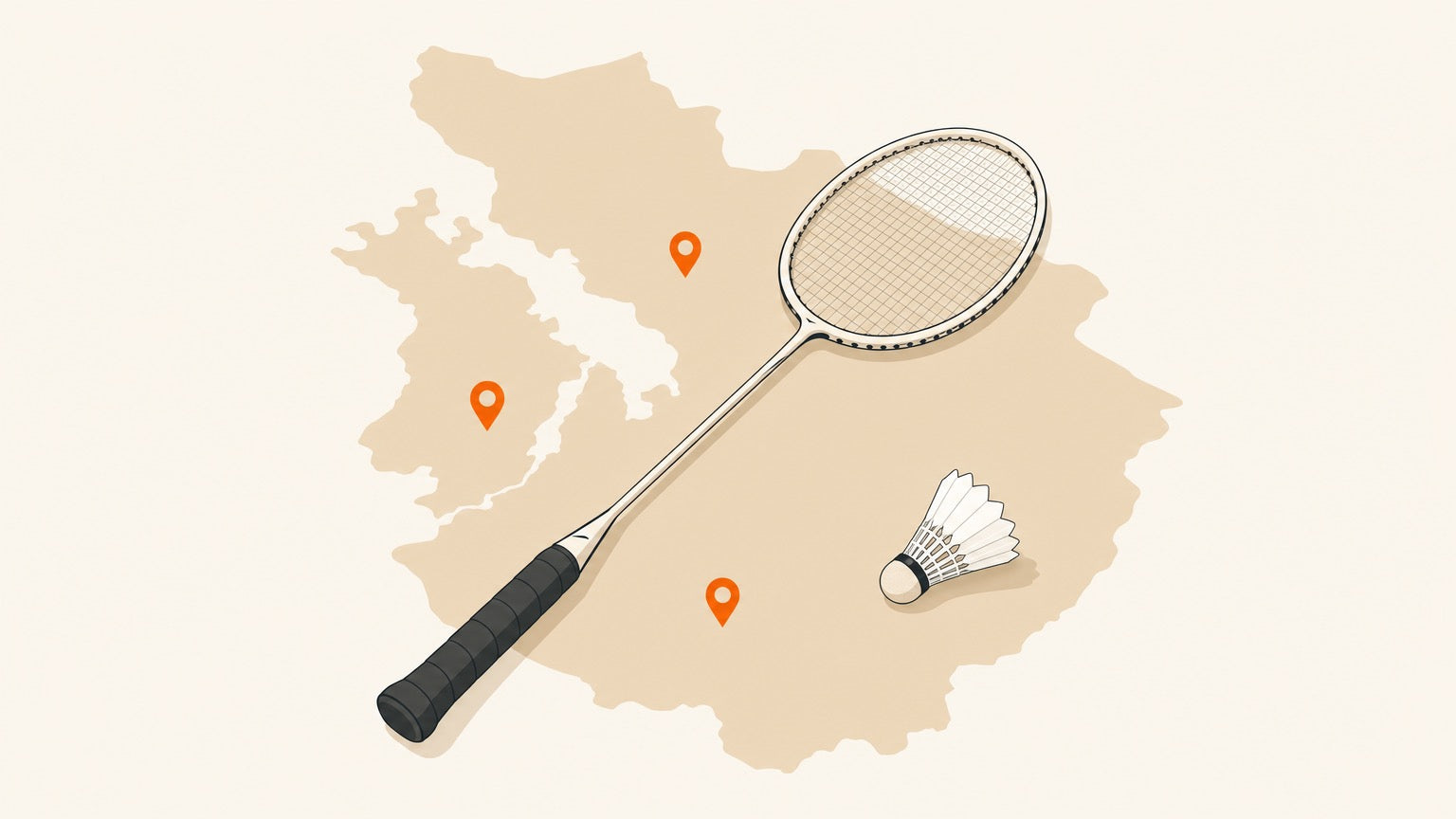 Badminton racket with visible strings, a shuttlecock, and small location pins representing places to play in Barrie and Simcoe County
