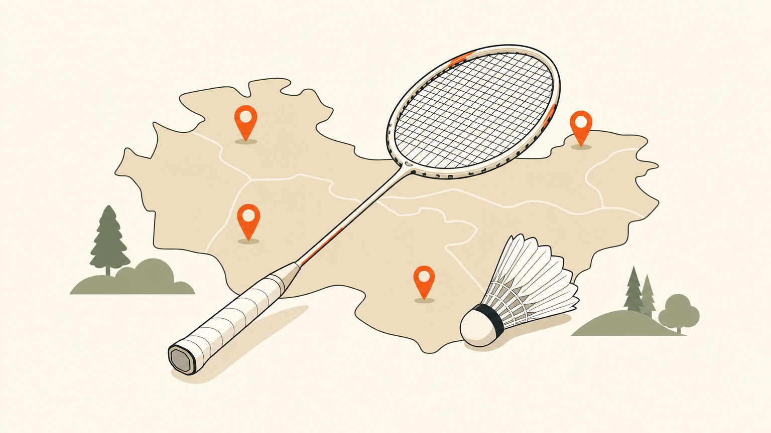 Badminton racket with string bed, shuttlecock, and location pins for a Bas-Saint-Laurent and Gaspésie places-to-play guide