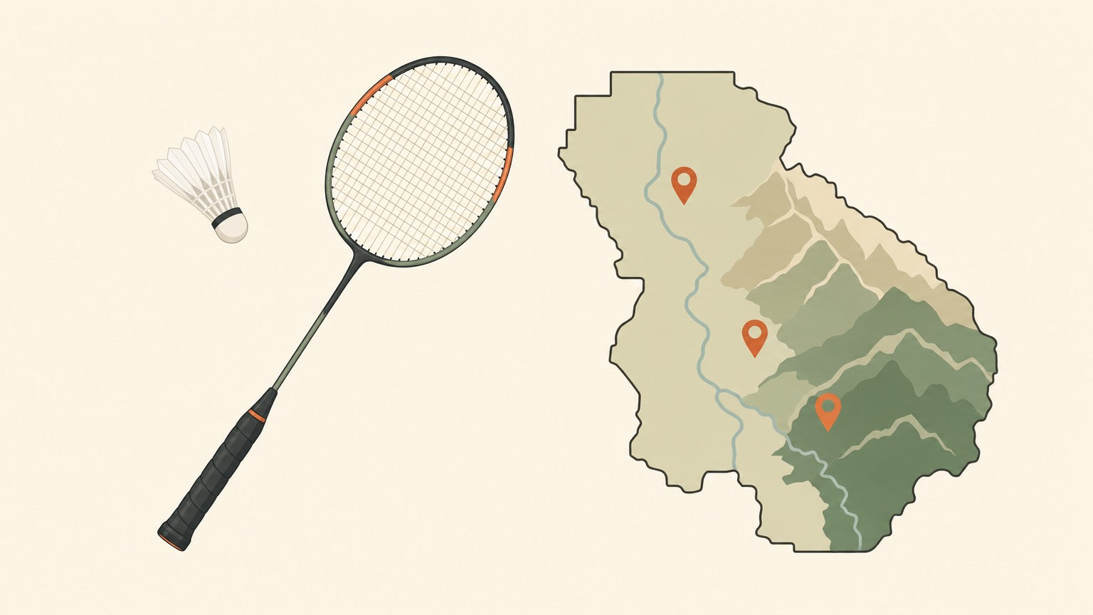 A flat-vector badminton racket with a crosshatched string bed and a shuttlecock beside a simplified regional map dotted with terracotta location pins.