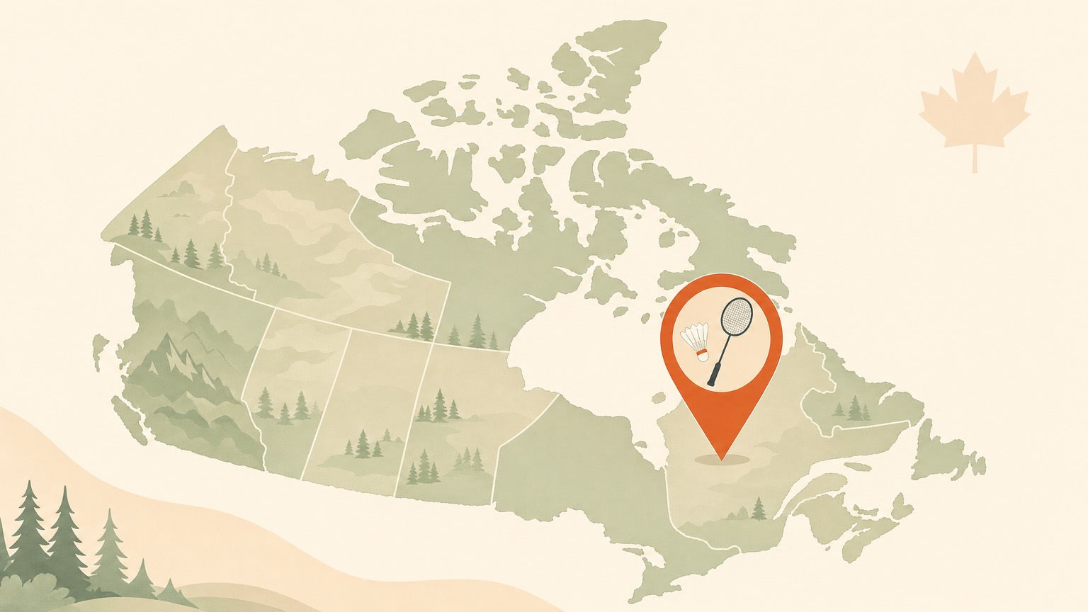 Flat vector illustration of a badminton court with location pins for finding places to play in Canada