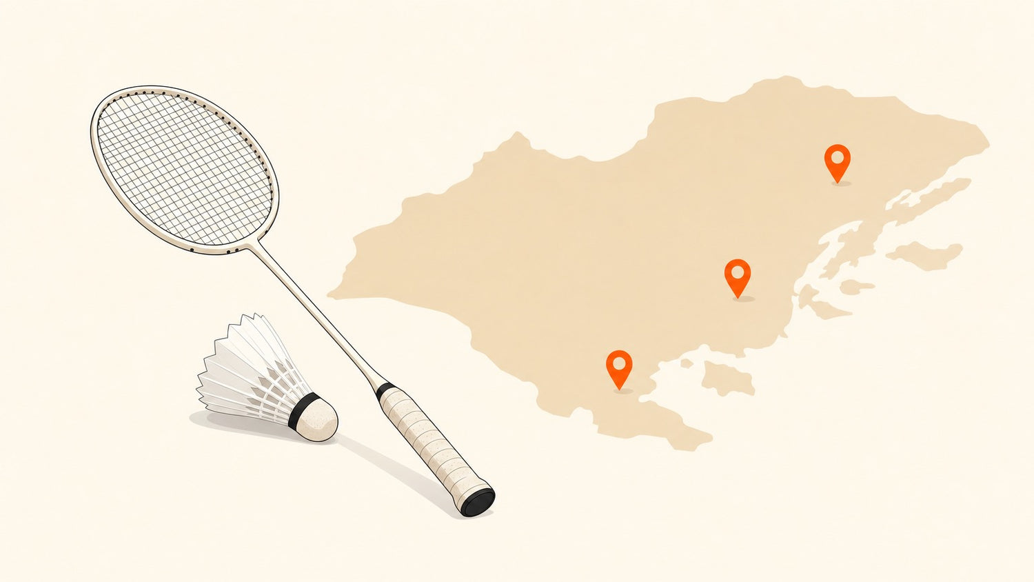 Badminton racket with crosshatched strings, a shuttlecock, and small location pins for a Côte-Nord places-to-play guide