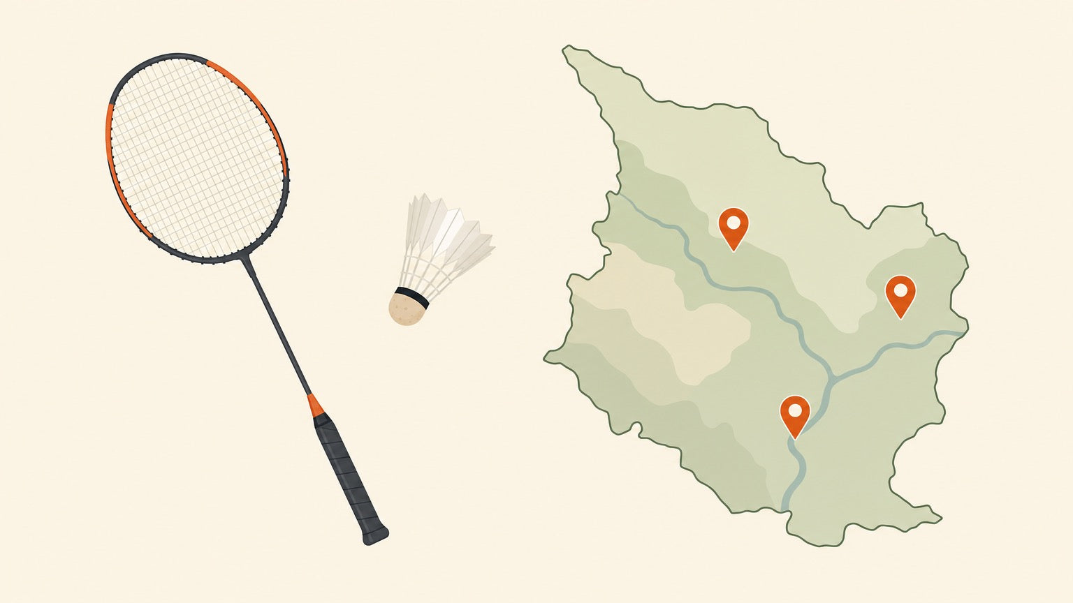 Flat-vector badminton racket with strung head and a shuttlecock beside a simple regional map marked with terracotta location pins on a cream background.